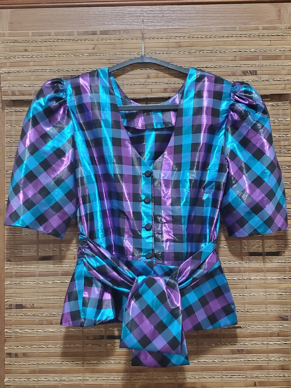 Vintage 80s Metallic Turquoise & Purple Plaid Puff-Sleeve Women’s Party Top